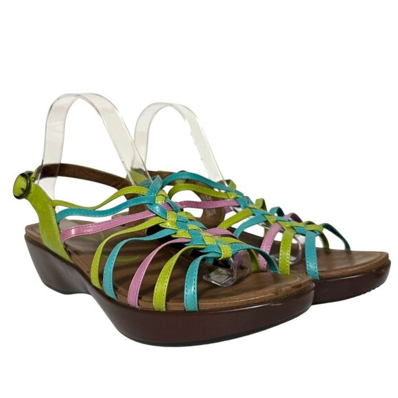 Dansko Dana Sandals Leather Pink Blue Green Strappy Wedge Womens Size 42 US 12 - Picture 6 of 16